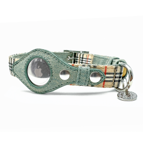 Apple Airtag Collar (Color: Beige Plaid & Denim, size: medium)